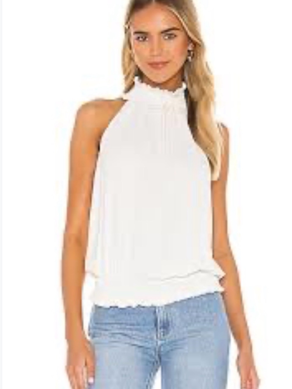 NWOT Amanda Uprichard Kimmie Sleeveless White Ruffled Mock Neck Top in Ivory